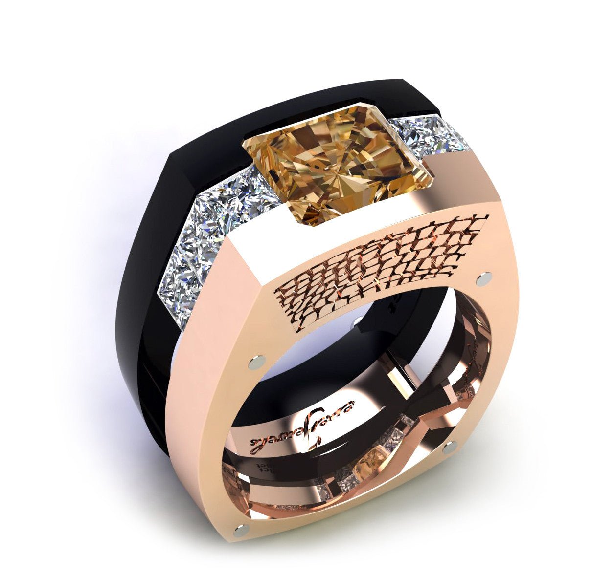 18ct Rose Gold Crocodile Pattern Gents Ring with a Cushion Cut Cognac Diamond - ForeverJewels Design Studio 8
