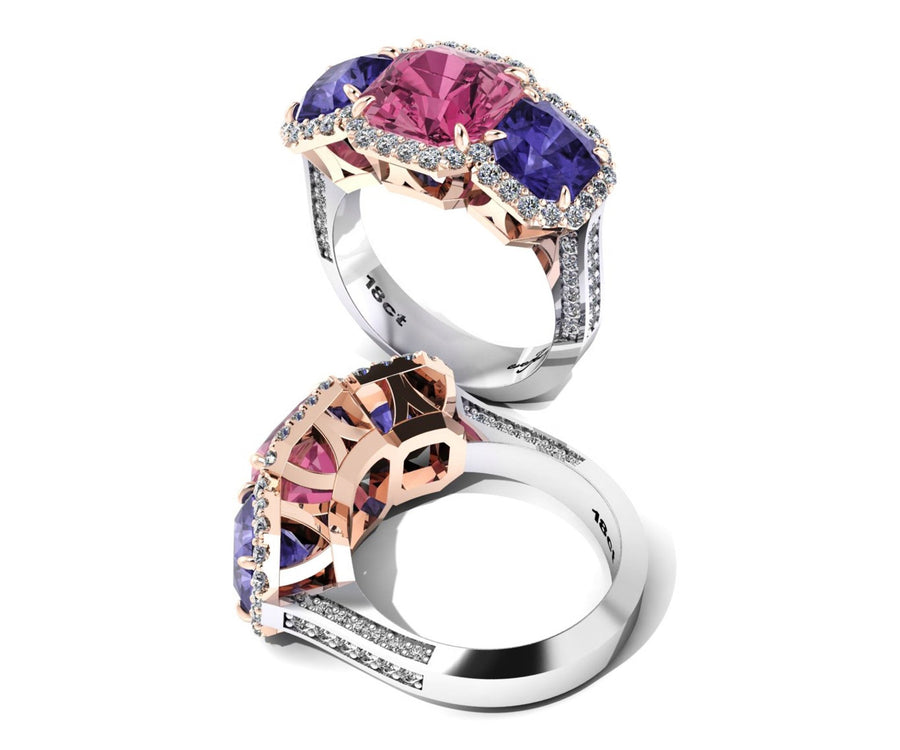 18ct White and rose gold 2.68ct tanzanite and tourmaline dress ring - ForeverJewels Design Studio 8