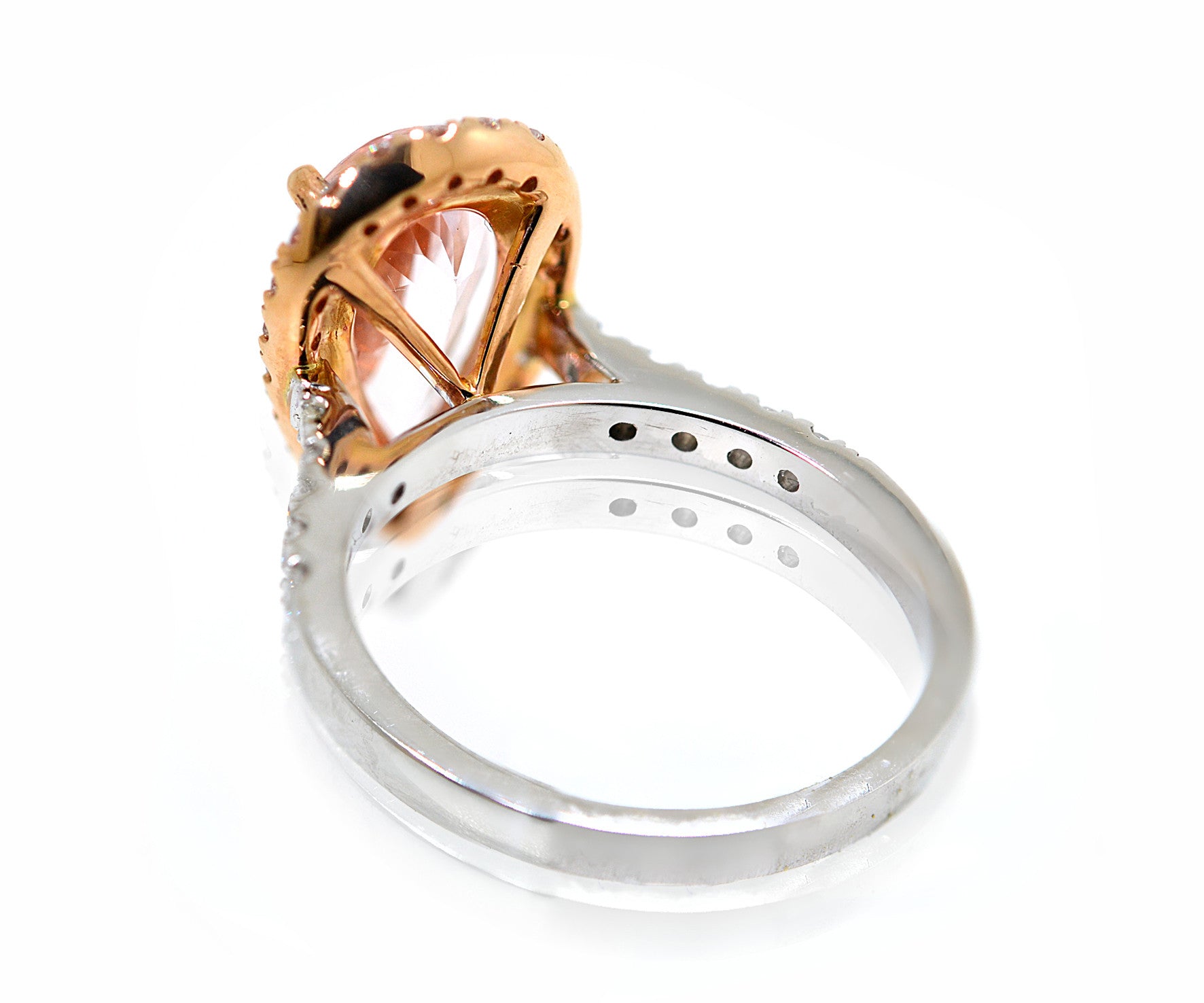 18ct White and rose gold pear cut morganite diamond halo ring - ForeverJewels Design Studio 8