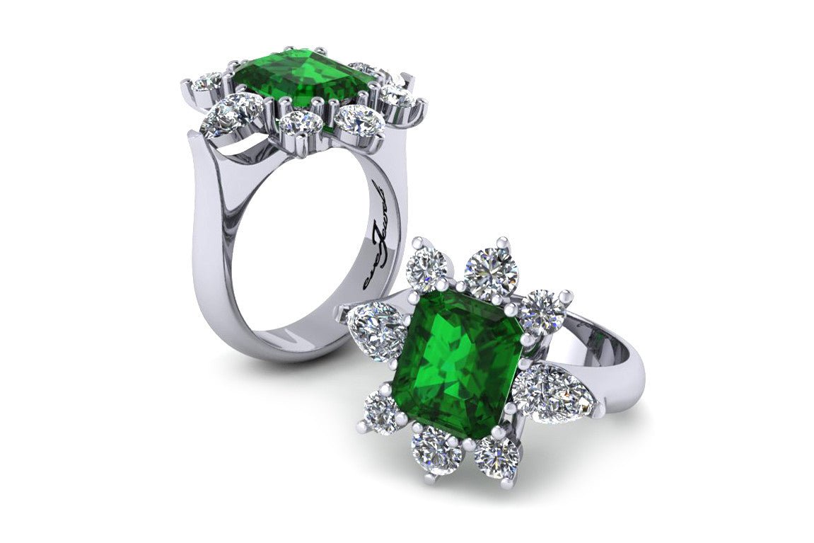 18ct White gold cushion cut emerald ring with round brilliant diamonds - ForeverJewels Design Studio 8