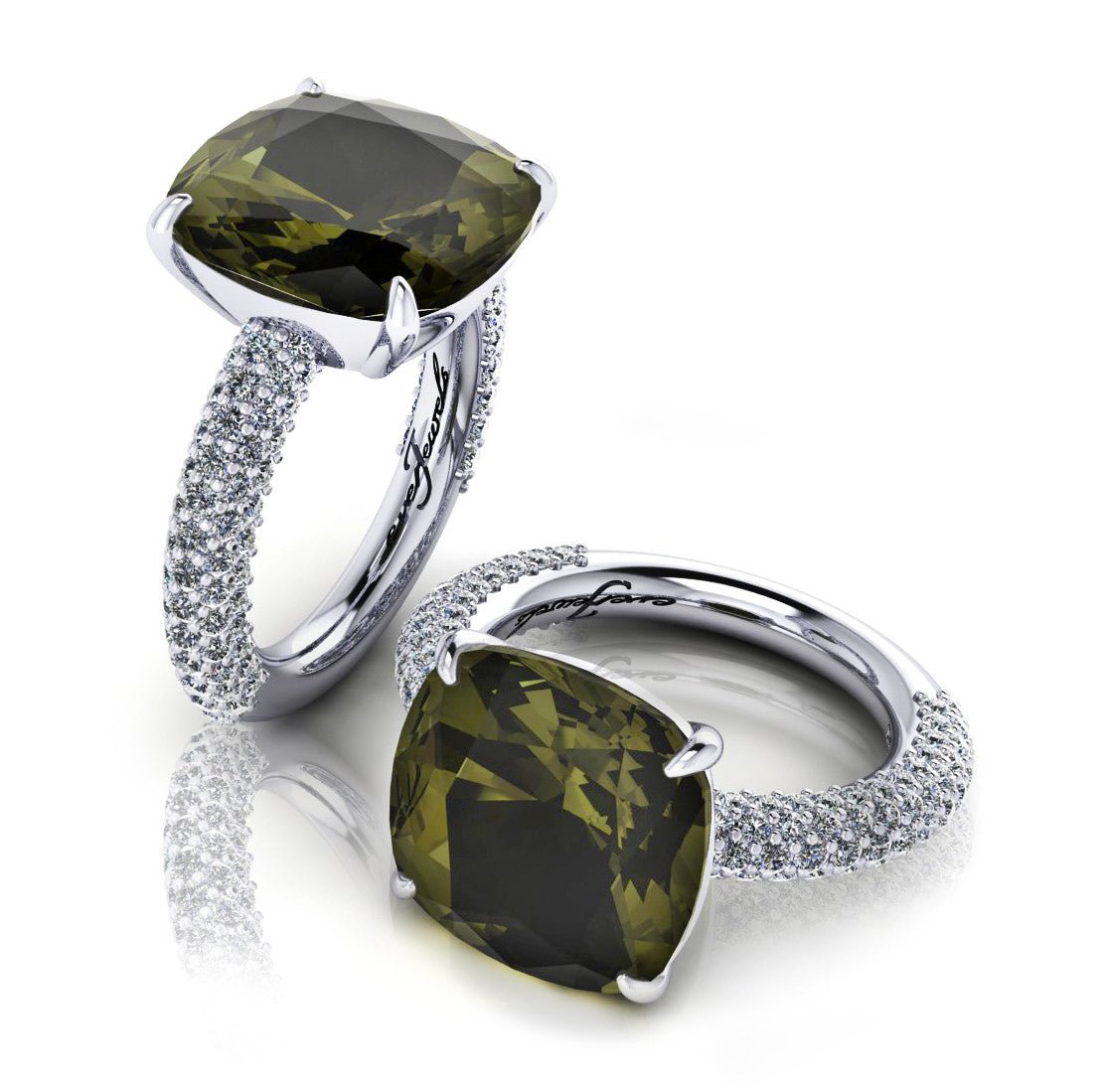 18ct White gold cushion green Tourmaline dress ring with pave diamonds - ForeverJewels Design Studio 8