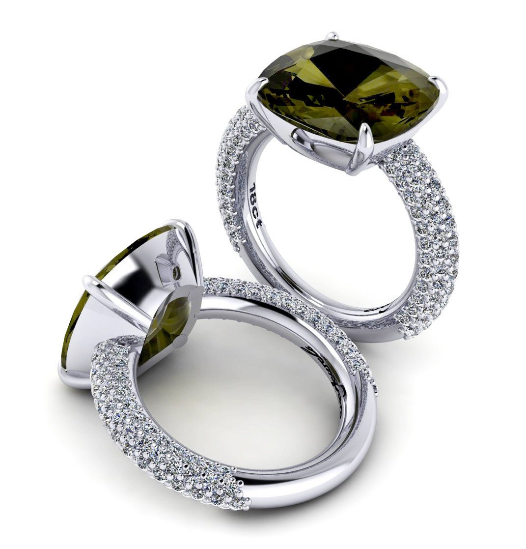 18ct White gold cushion green Tourmaline dress ring with pave diamonds - ForeverJewels Design Studio 8