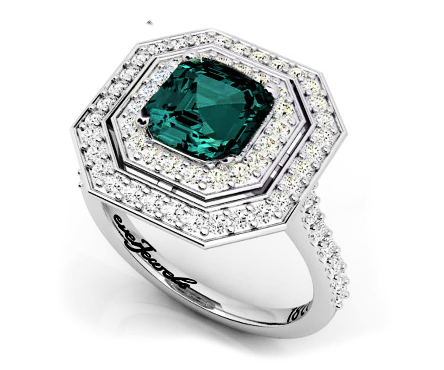 18ct White gold octagon teal sapphire with a double halo of diamonds dress ring - ForeverJewels Design Studio 8