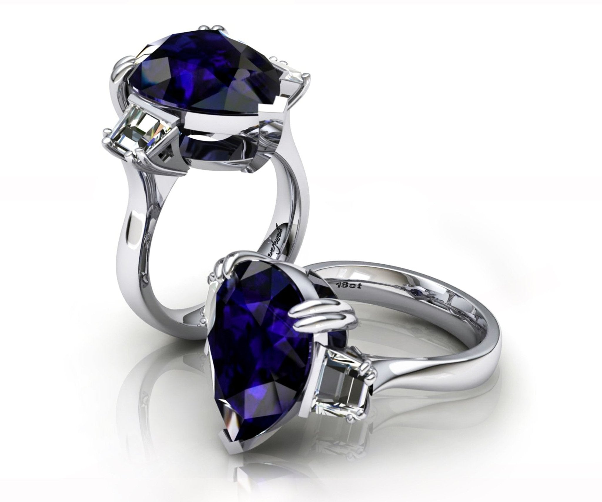 18ct White Gold Pear Cut Tanzanite Ring with Two Trapezoid Diamonds - ForeverJewels Design Studio 8
