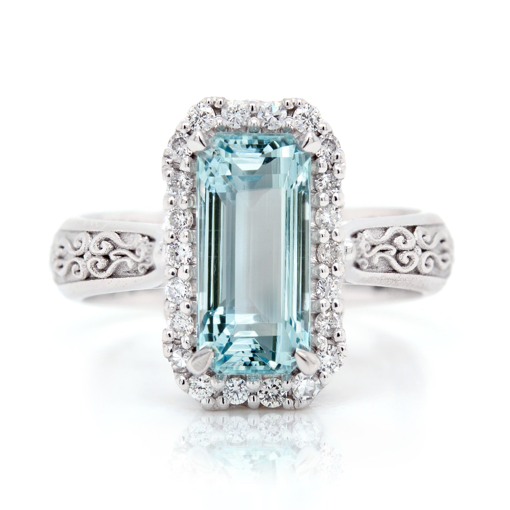 18ct White gold rectangular emerald cut aquamarine with halo of diamond ring - ForeverJewels Design Studio 8