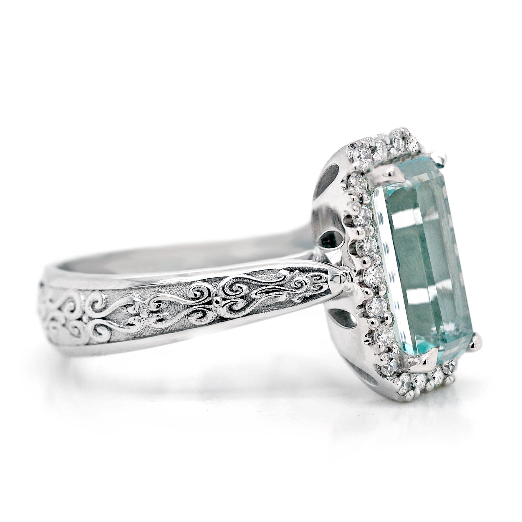 18ct White gold rectangular emerald cut aquamarine with halo of diamond ring - ForeverJewels Design Studio 8