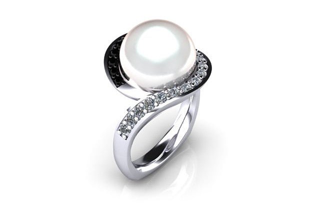 18ct White gold south sea pearl dress ring with white and black diamonds - ForeverJewels Design Studio 8