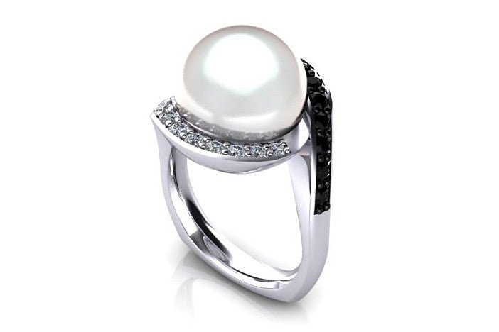 18ct White gold south sea pearl dress ring with white and black diamonds - ForeverJewels Design Studio 8