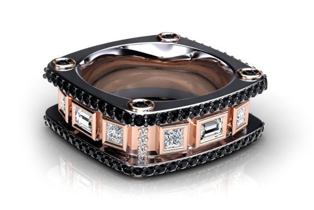 18ct White & Rose Gold Band Baguettes Black and White Diamond Ring. - ForeverJewels Design Studio 8