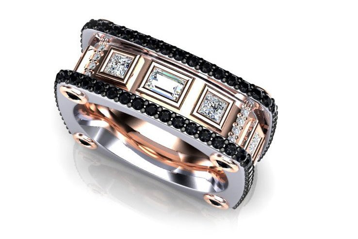 18ct White & Rose Gold Band Baguettes Black and White Diamond Ring. - ForeverJewels Design Studio 8
