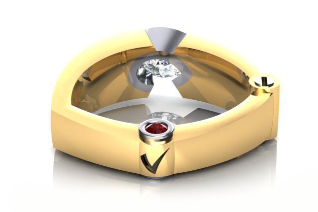 18ct Yellow Gold & Black Rhodium Men's Ring with Pear Cut Diamond & Ruby - ForeverJewels Design Studio 8