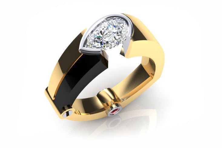 18ct Yellow Gold & Black Rhodium Men's Ring with Pear Cut Diamond & Ruby - ForeverJewels Design Studio 8