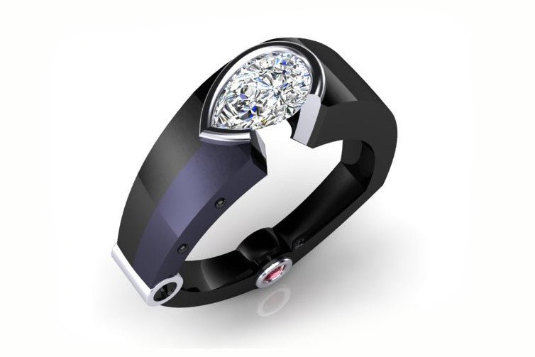 18K Black rhodium plated gold gents ring with pear cut diamond and ruby - ForeverJewels Design Studio 8