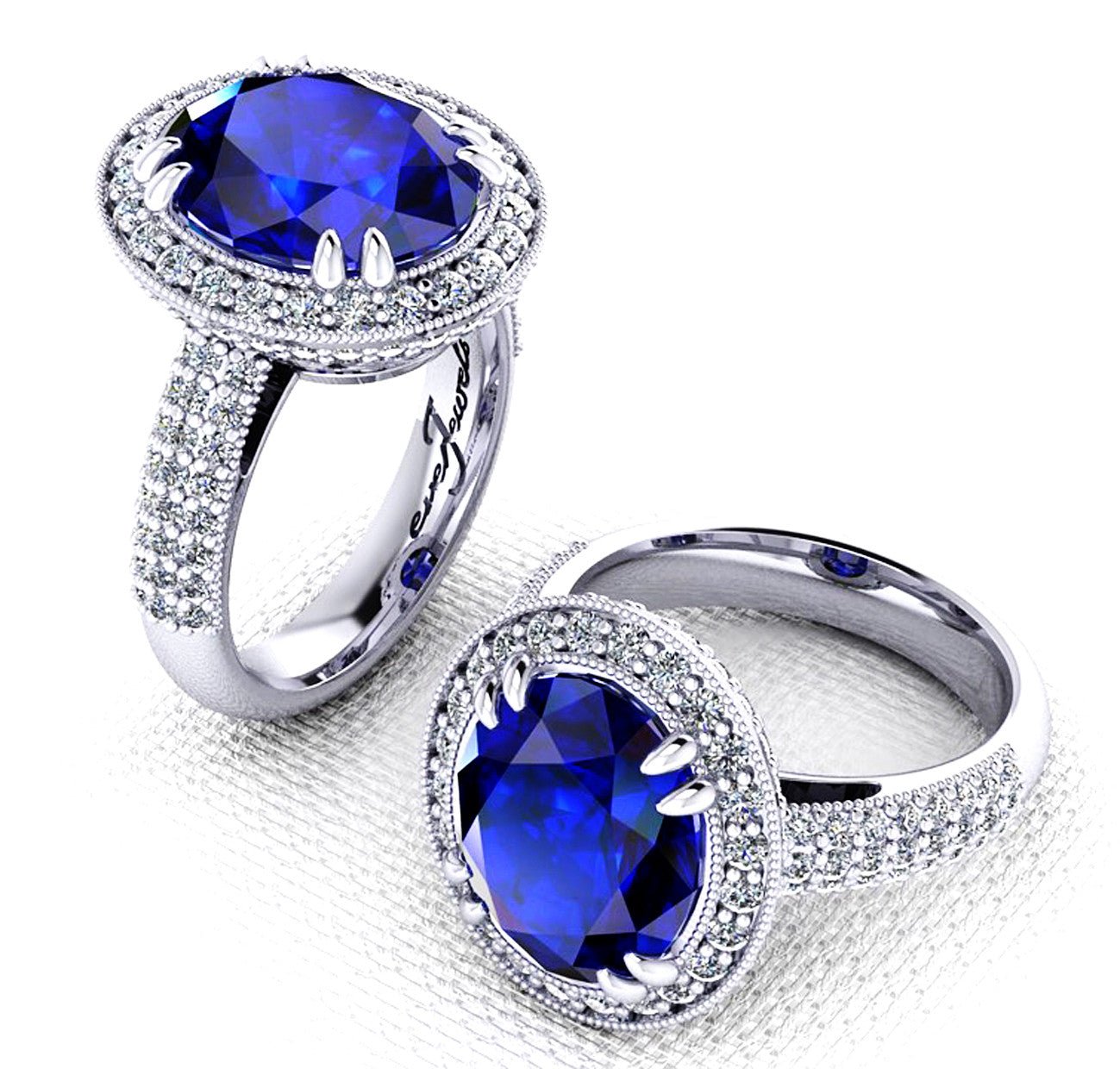 18k White gold oval tanzanite millgrain ring and pave diamonds - ForeverJewels Design Studio 8