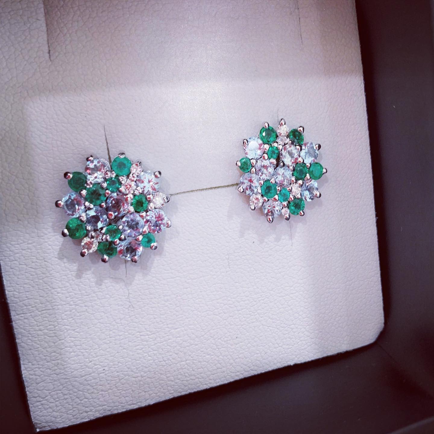 Emerald, Aquamarine and Diamond Cluster Studs