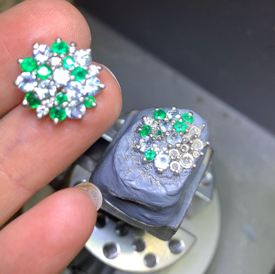 Emerald, Aquamarine and Diamond Cluster Studs