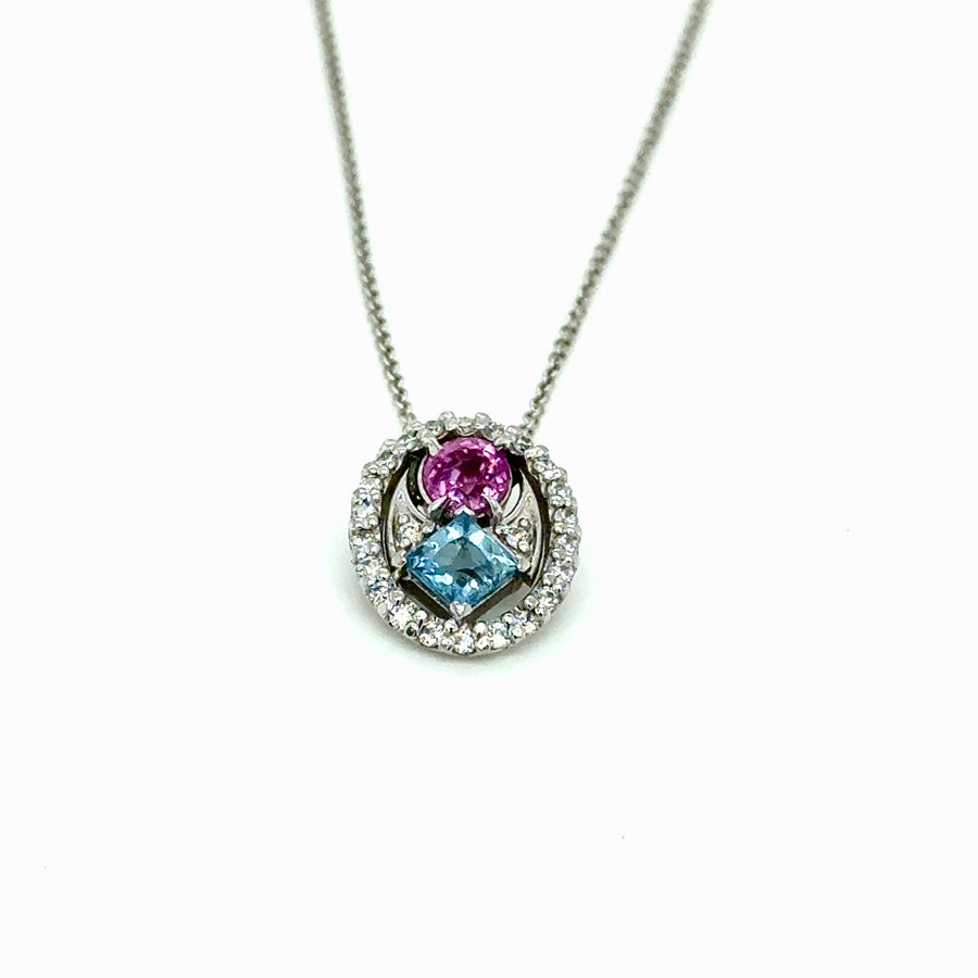 Aquamarine and Pink Sapphire Diamond Halo Pendant