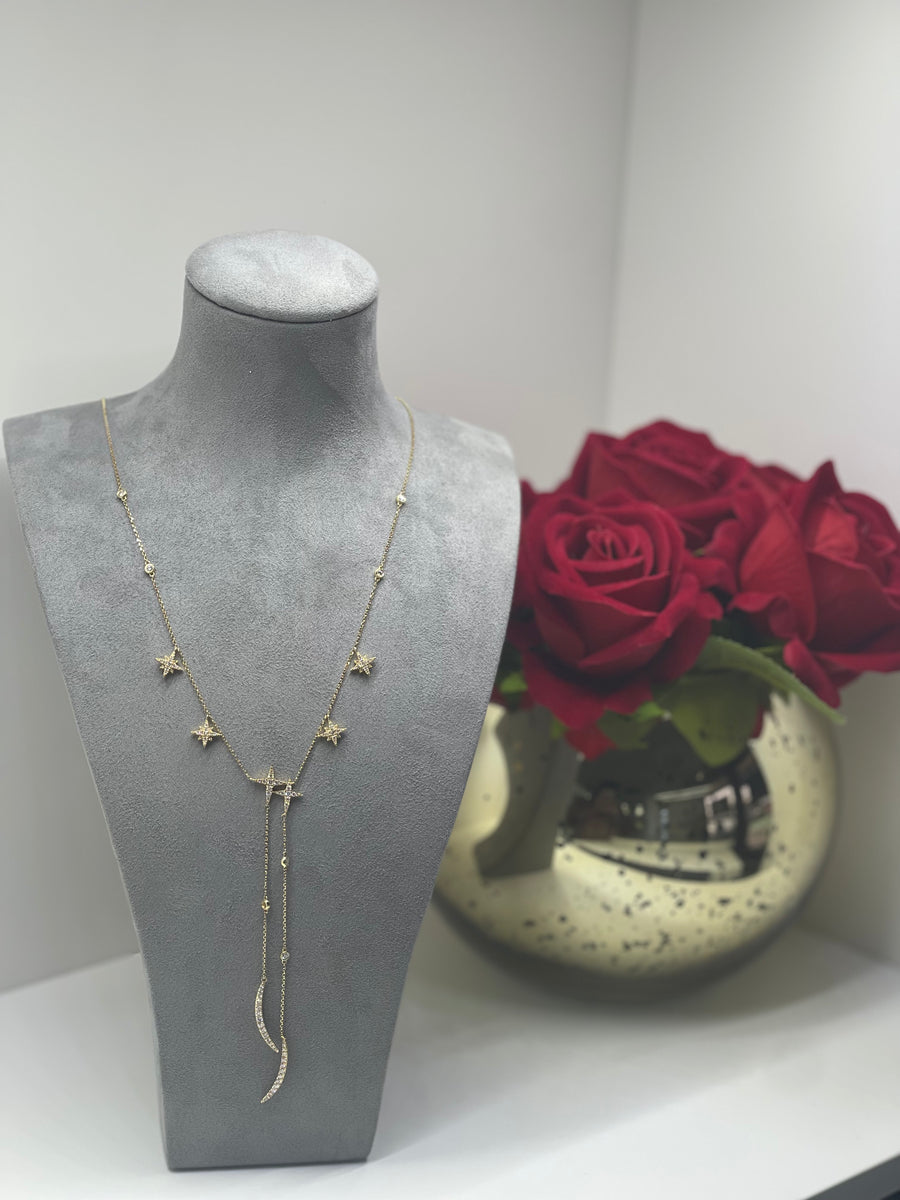 Half Moon and stars Diamond set lariat 18k yellow gold Necklace