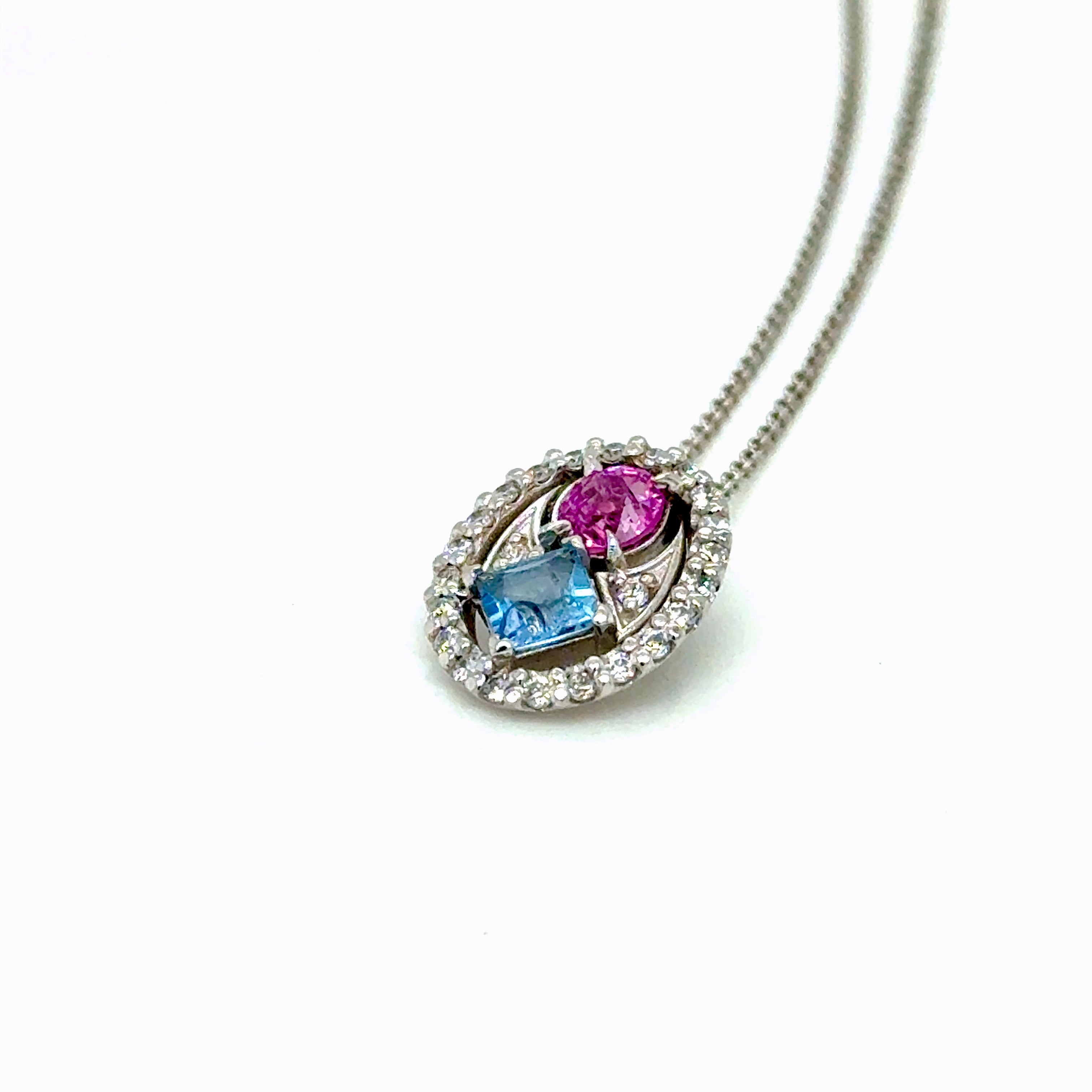 Aquamarine and Pink Sapphire Diamond Halo Pendant