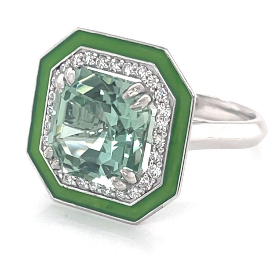 Seafoam Tourmaline and Diamond Halo Enamel Ring