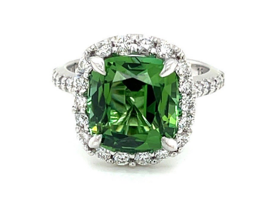Apple Green Tourmaline and Diamond Halo Ring