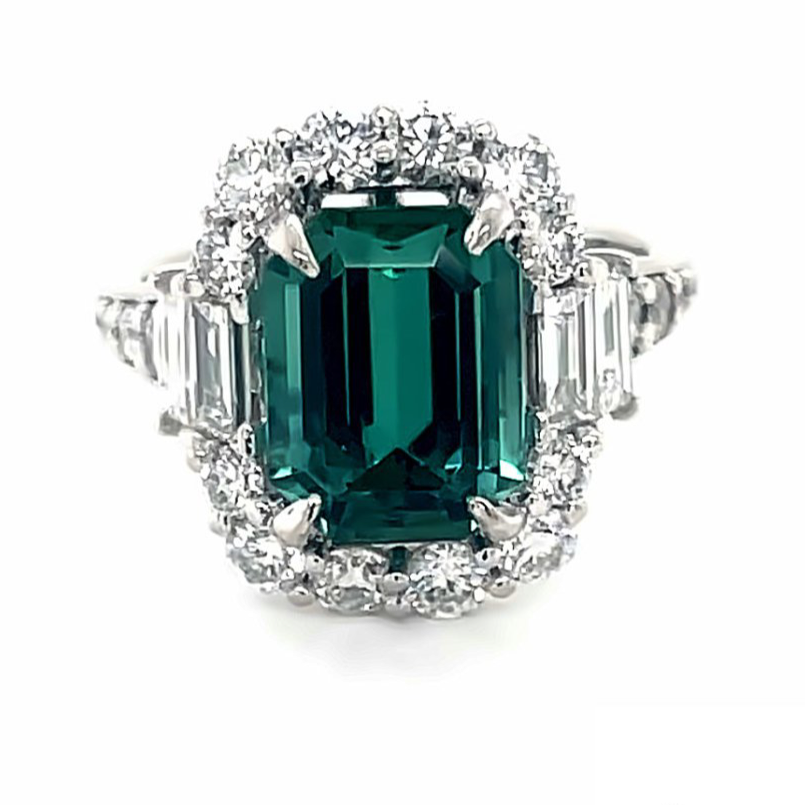 Emerald cut Green Tourmaline &Diamond Ring