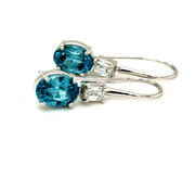 Blue Zircon and lab emerald cut Diamond Earrings
