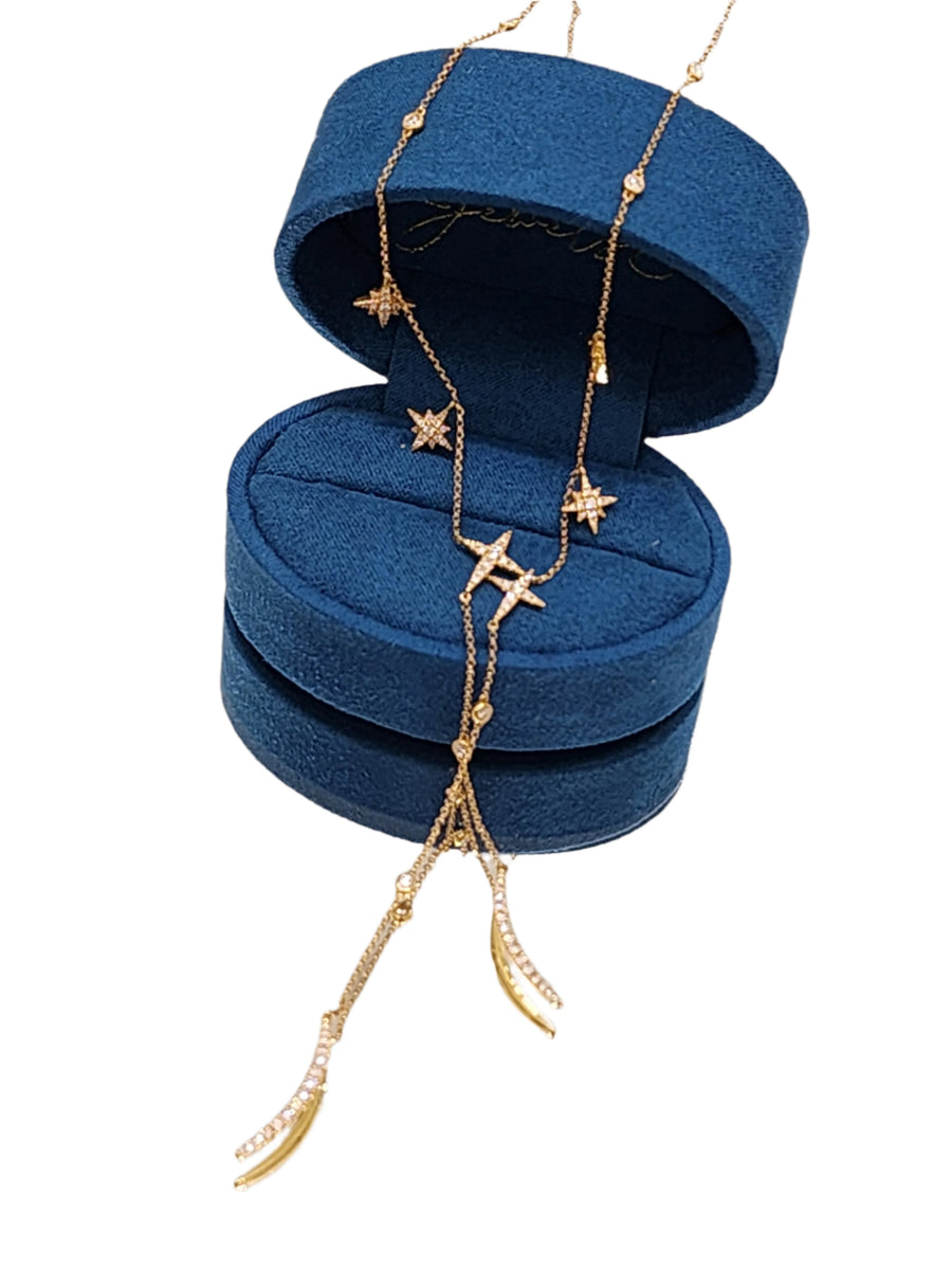 Half Moon and stars Diamond set lariat 18k yellow gold Necklace