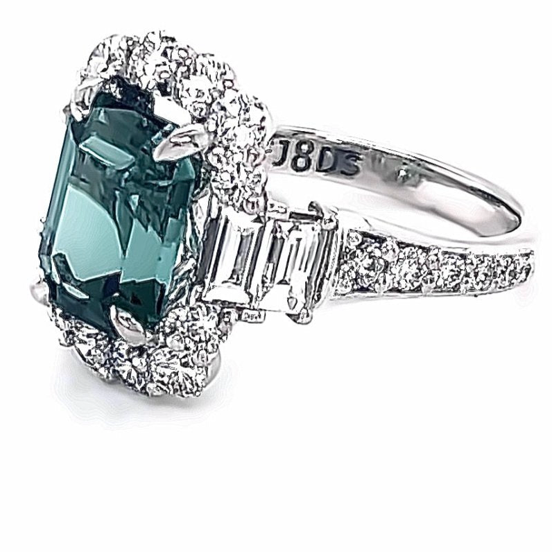 Emerald cut Green Tourmaline &Diamond Ring