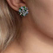 Emerald, Aquamarine and Diamond Cluster Studs