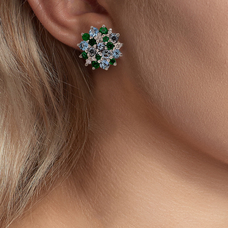 Emerald, Aquamarine and Diamond Cluster Studs