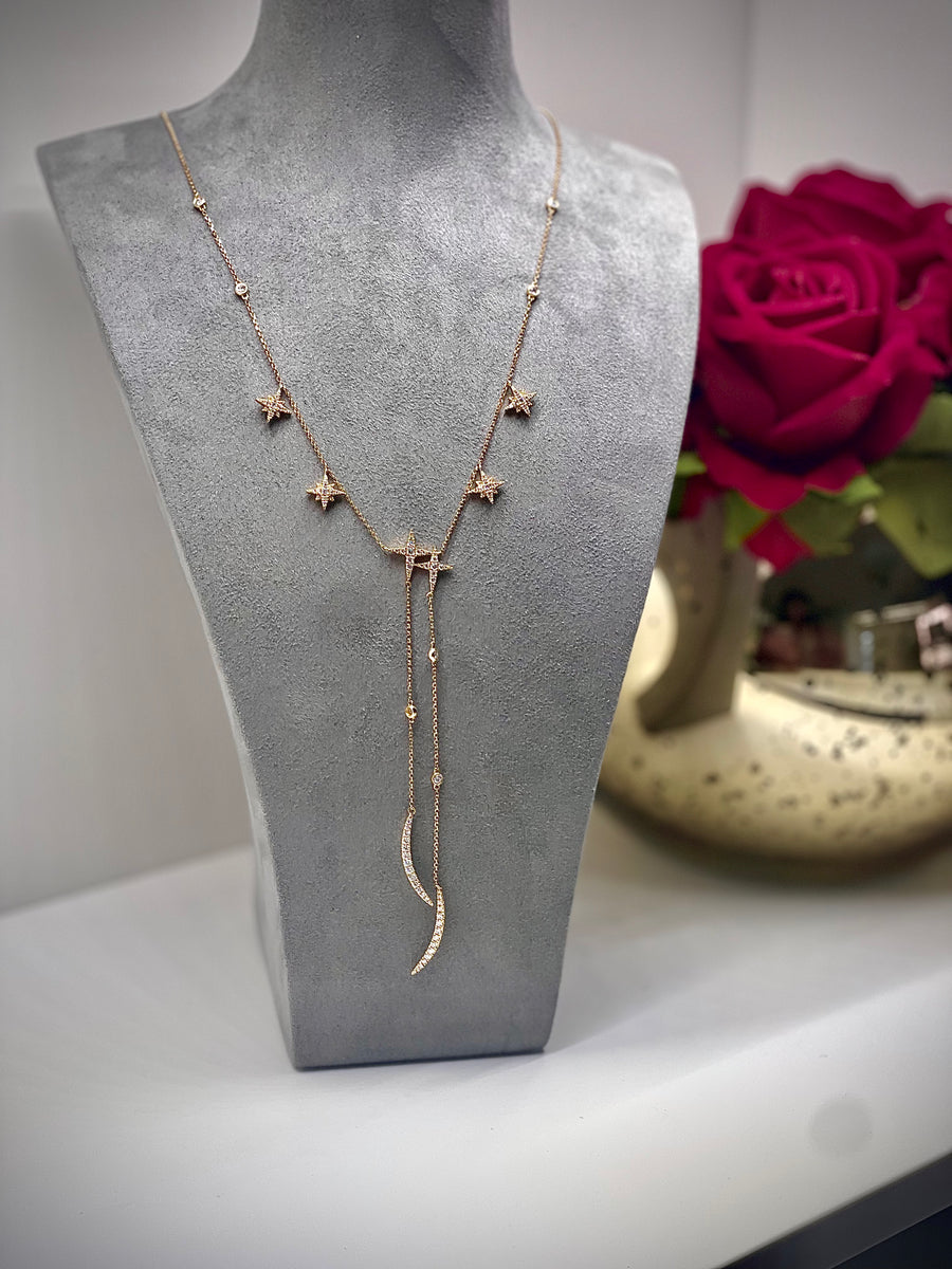Half Moon and stars Diamond set lariat 18k yellow gold Necklace