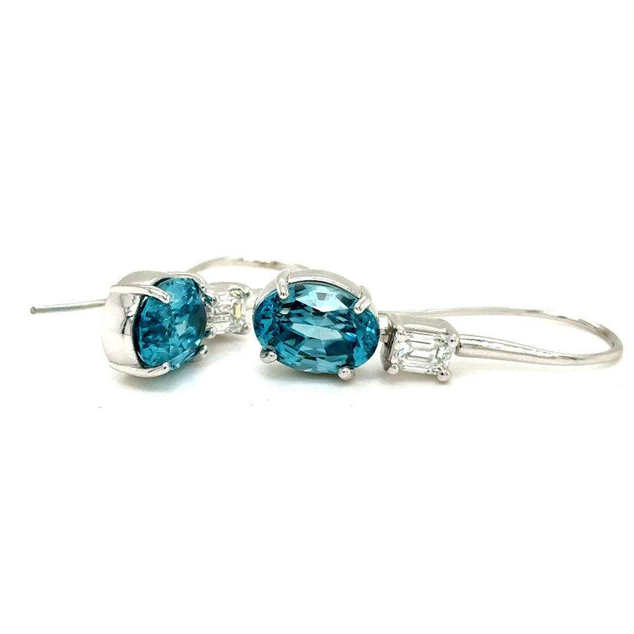 Blue Zircon and lab emerald cut Diamond Earrings