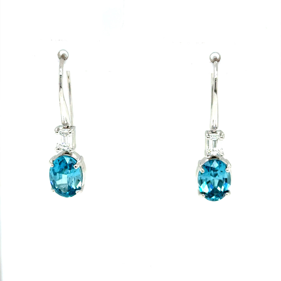 Blue Zircon and lab emerald cut Diamond Earrings