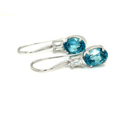 Blue Zircon and lab emerald cut Diamond Earrings
