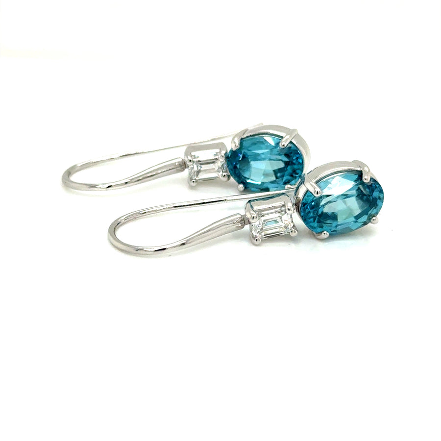 Blue Zircon and lab emerald cut Diamond Earrings