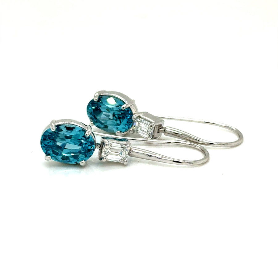 Blue Zircon and lab emerald cut Diamond Earrings