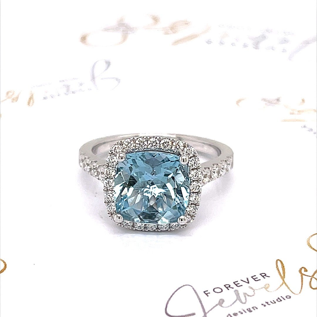 Aquamarine and Diamond Halo Ring - ForeverJewels Design Studio 8