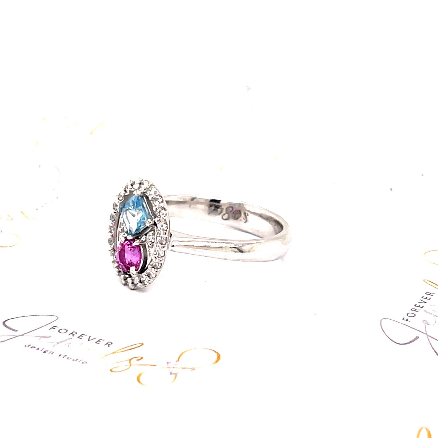 Aquamarine and Pink Sapphire Diamond Halo Ring - ForeverJewels Design Studio 8