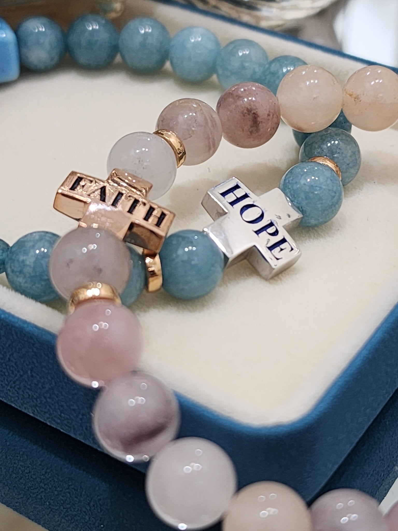 Aquamarine beads white gold Hope Cross bracelet - ForeverJewels Design Studio 8