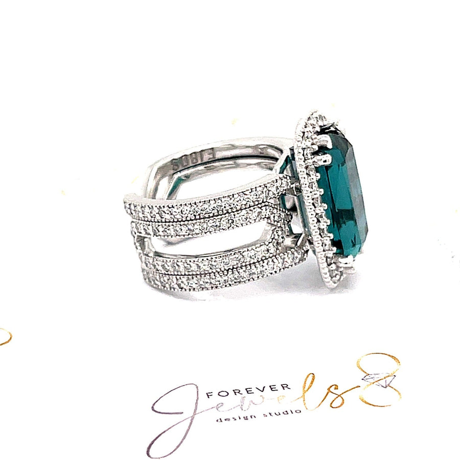 Blue Indicolite Tourmaline and Diamond halo Ring - ForeverJewels Design Studio 8
