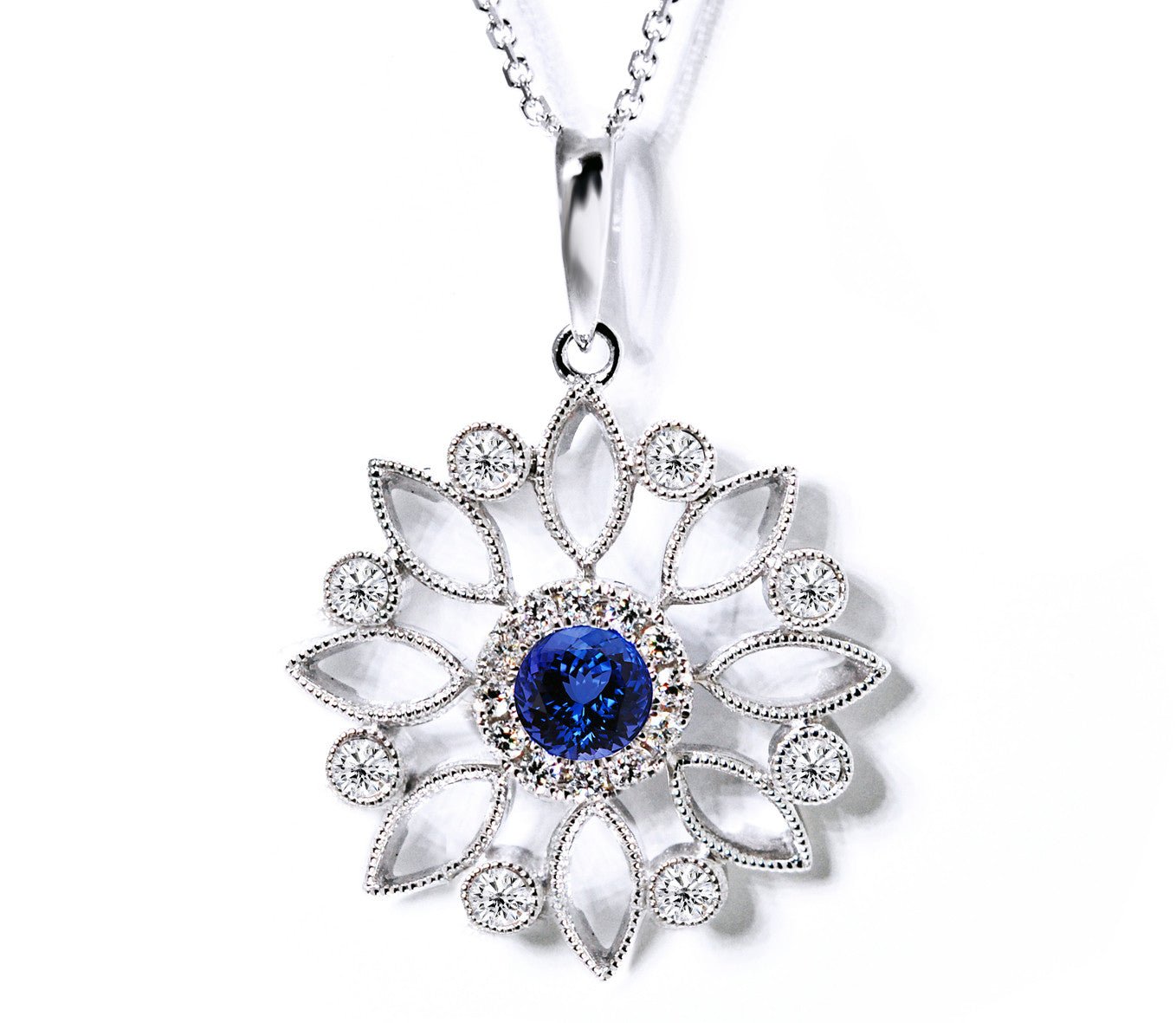 Diamond Flower Pendant with a Centre Blue Sapphire - ForeverJewels Design Studio 8