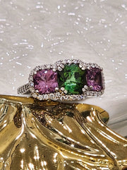 Green tourmaline and Violet spinel Trilogy Diamond Halo ring - ForeverJewels Design Studio 8
