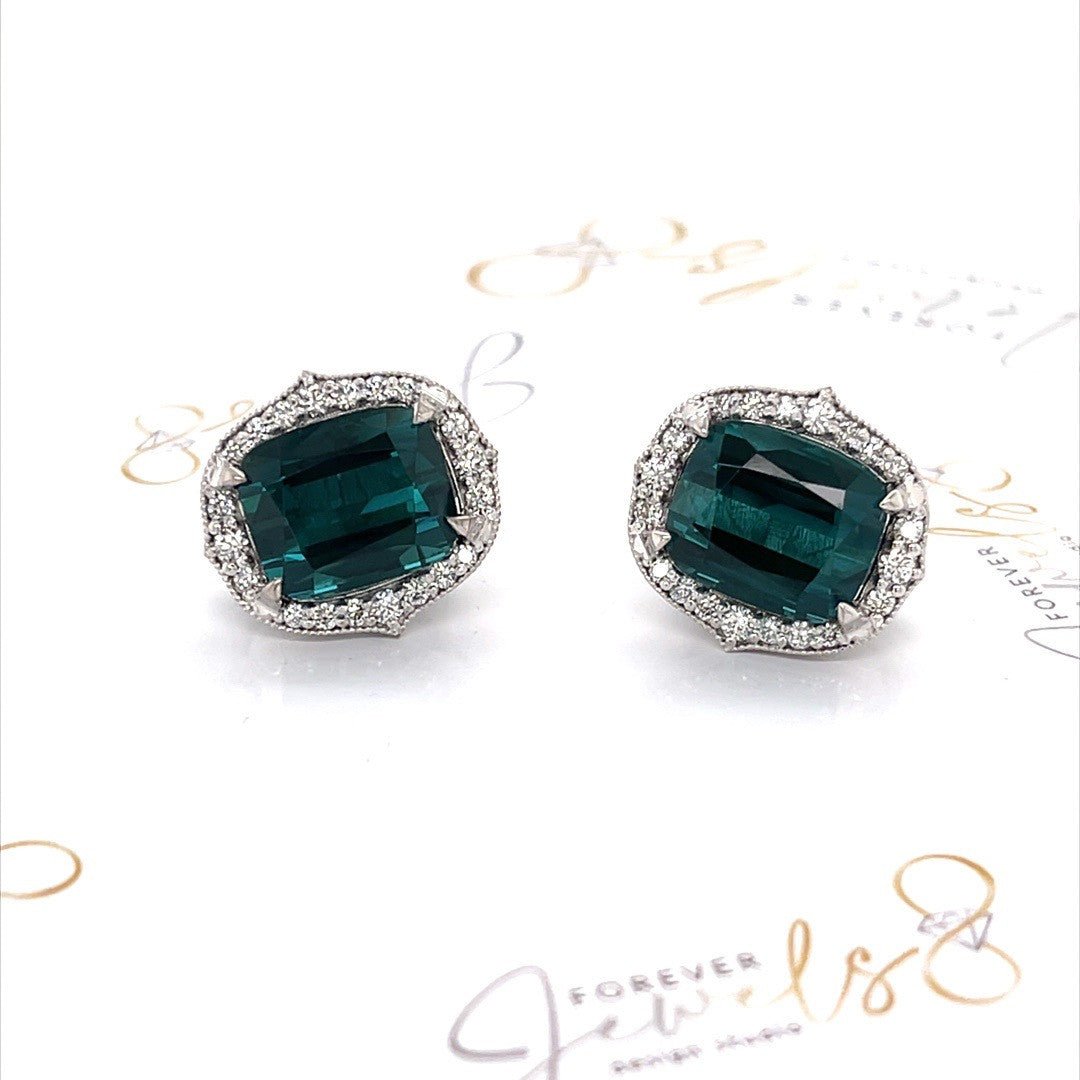 Indicolite Tourmaline and Diamond Halo Stud Earrings - ForeverJewels Design Studio 8