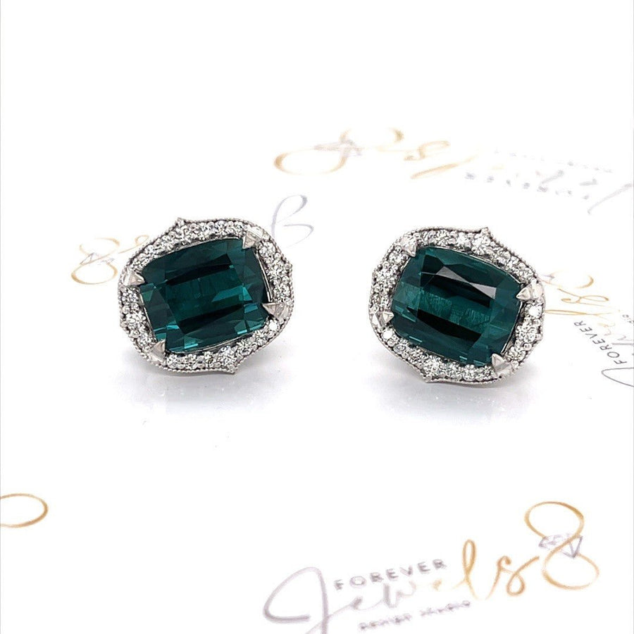 Indicolite Tourmaline and Diamond Halo Stud Earrings - ForeverJewels Design Studio 8