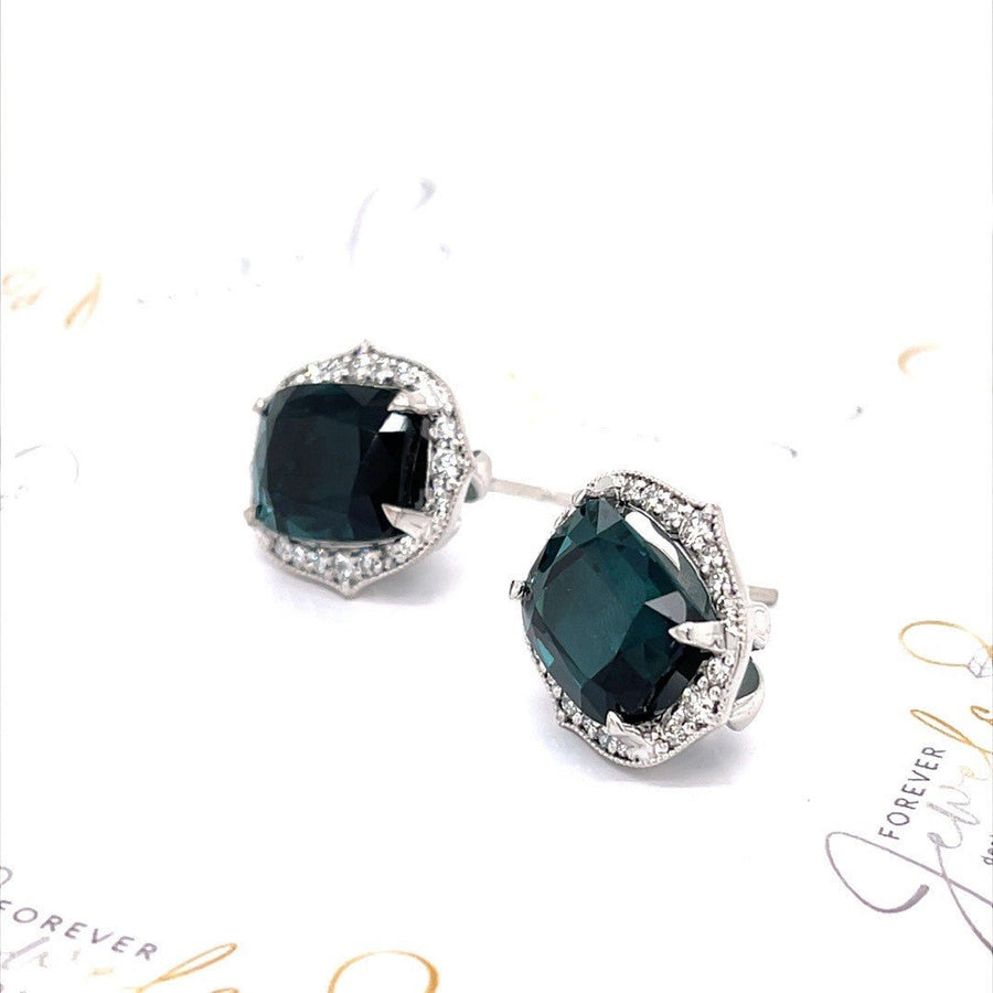 Indicolite Tourmaline and Diamond Halo Stud Earrings - ForeverJewels Design Studio 8