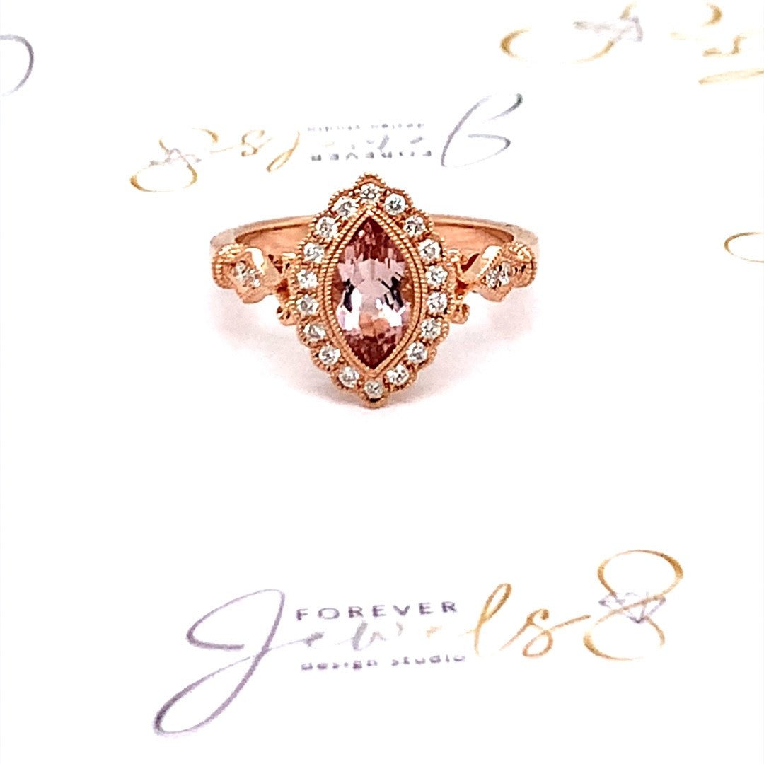 Marquise Morganite Engagement Diamond Halo Ring - ForeverJewels Design Studio 8
