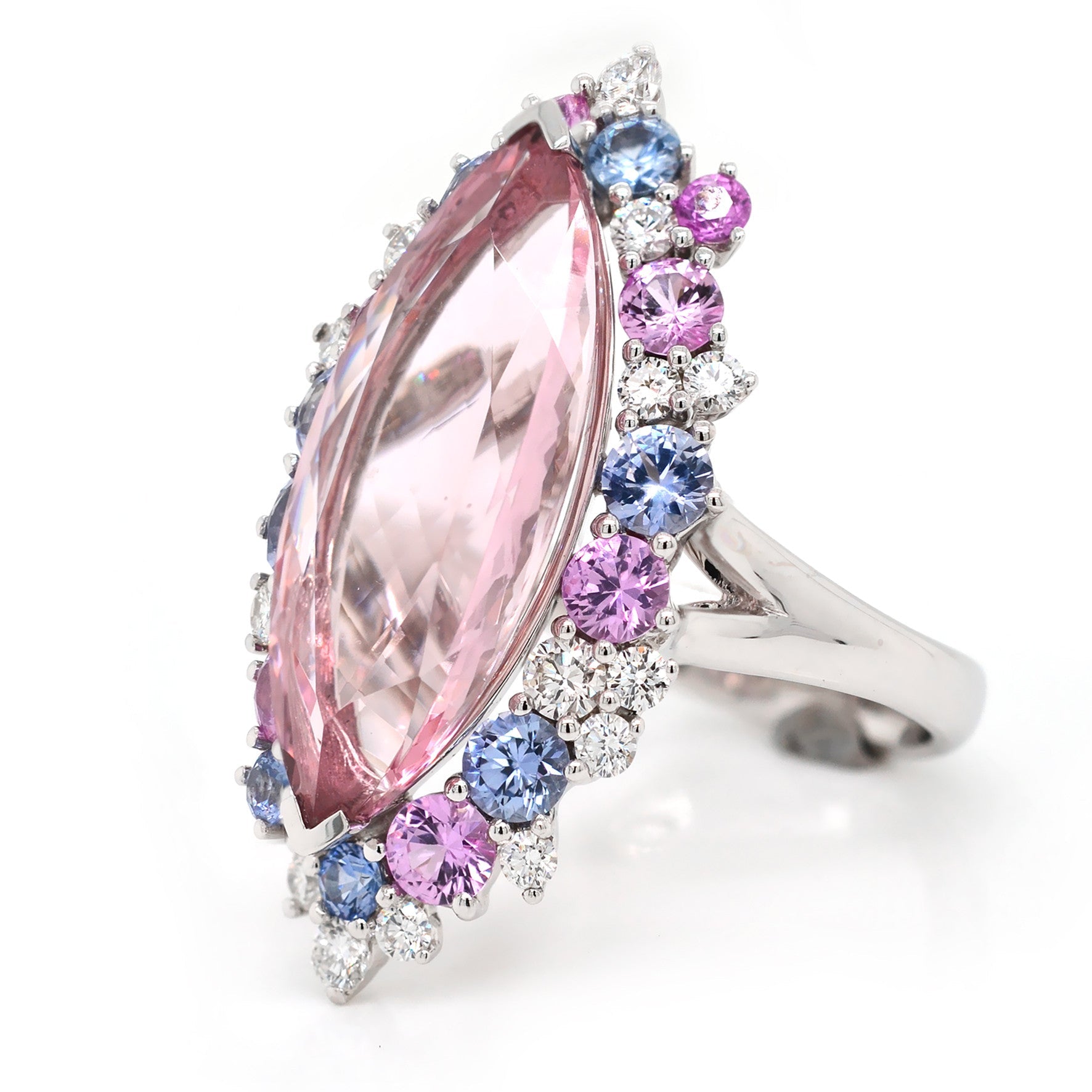 Marquise Morganite Ring with Sapphires and Diamonds - ForeverJewels Design Studio 8