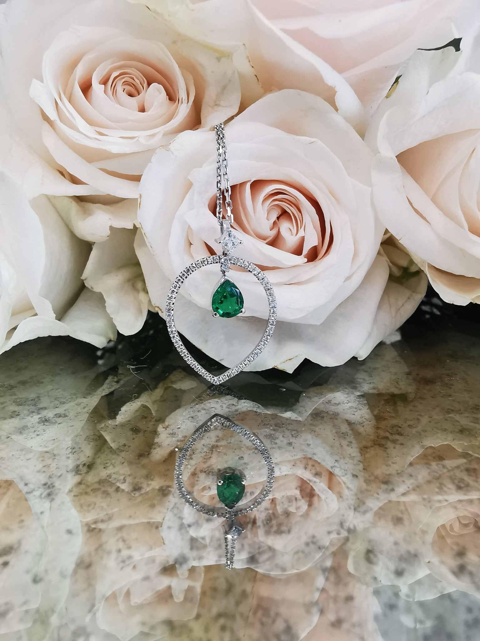 Pear Cut Emerald Pendant with a Halo of Diamonds - ForeverJewels Design Studio 8