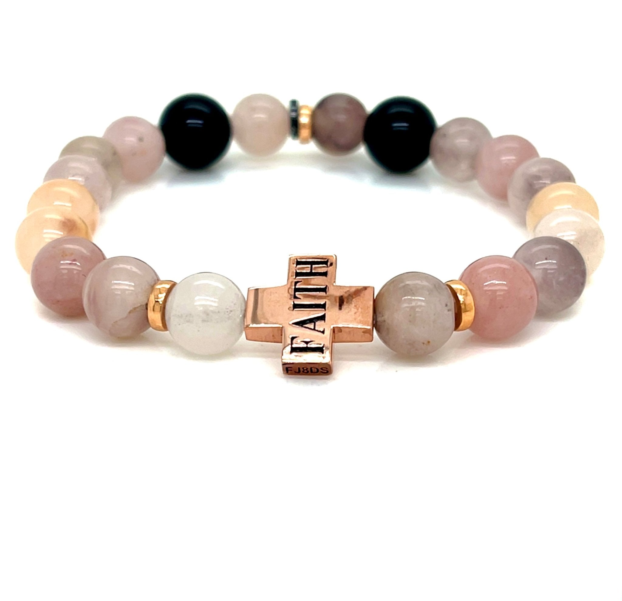 Pink quartz, jade and Onyx beads 9k Rose gold Faith Bracelet - ForeverJewels Design Studio 8